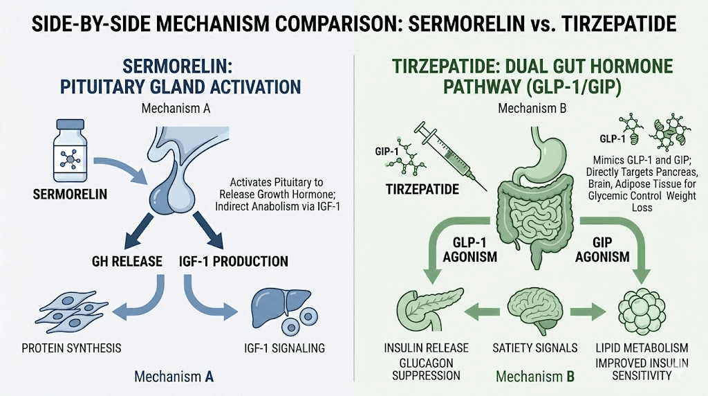 Sermorelin growth hormone pathway versus tirzepatide GLP-1 GIP mechanism comparison