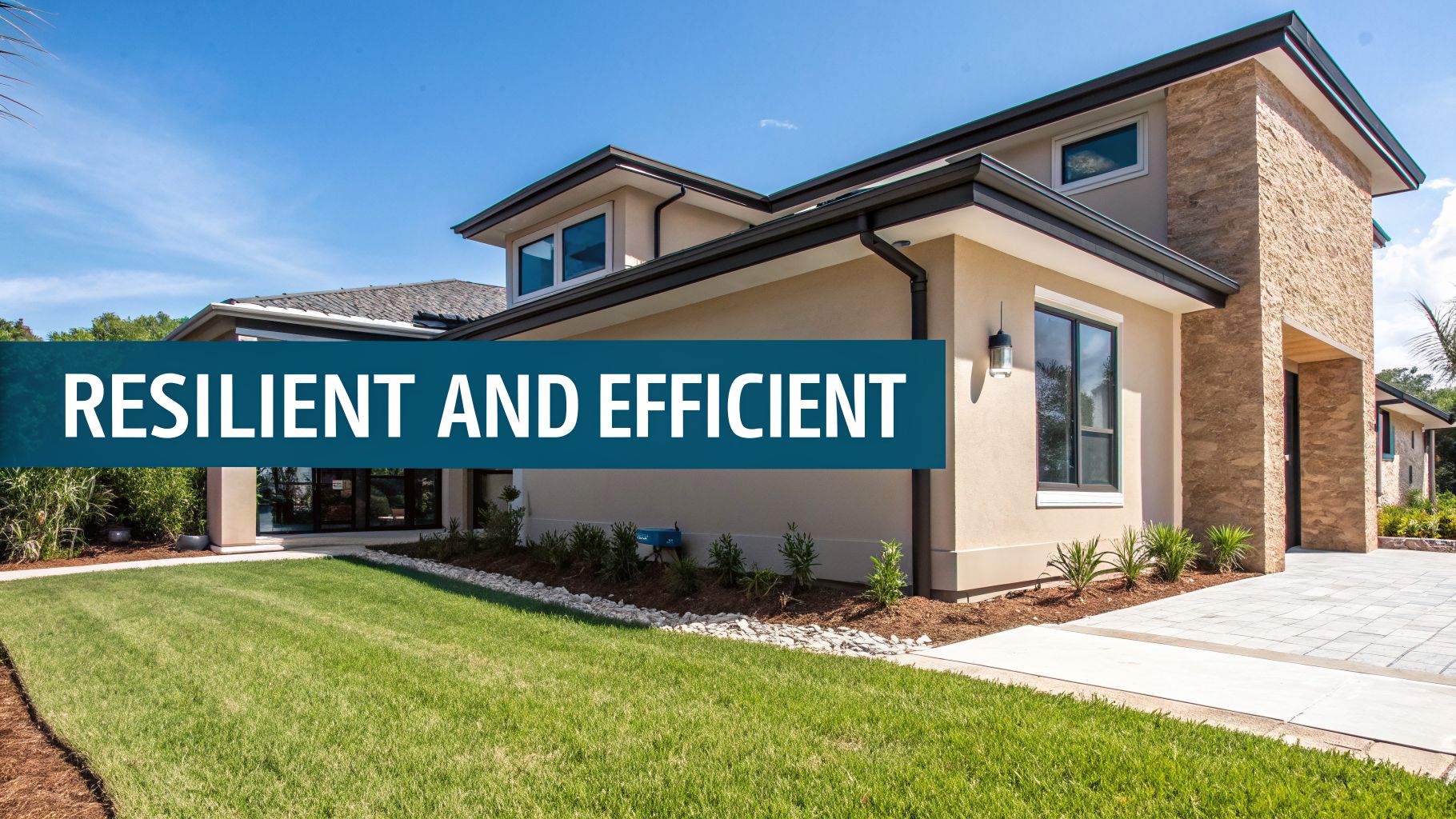 A modern, energy-efficient Florida-style house with a well-maintained green lawn and blue sky.