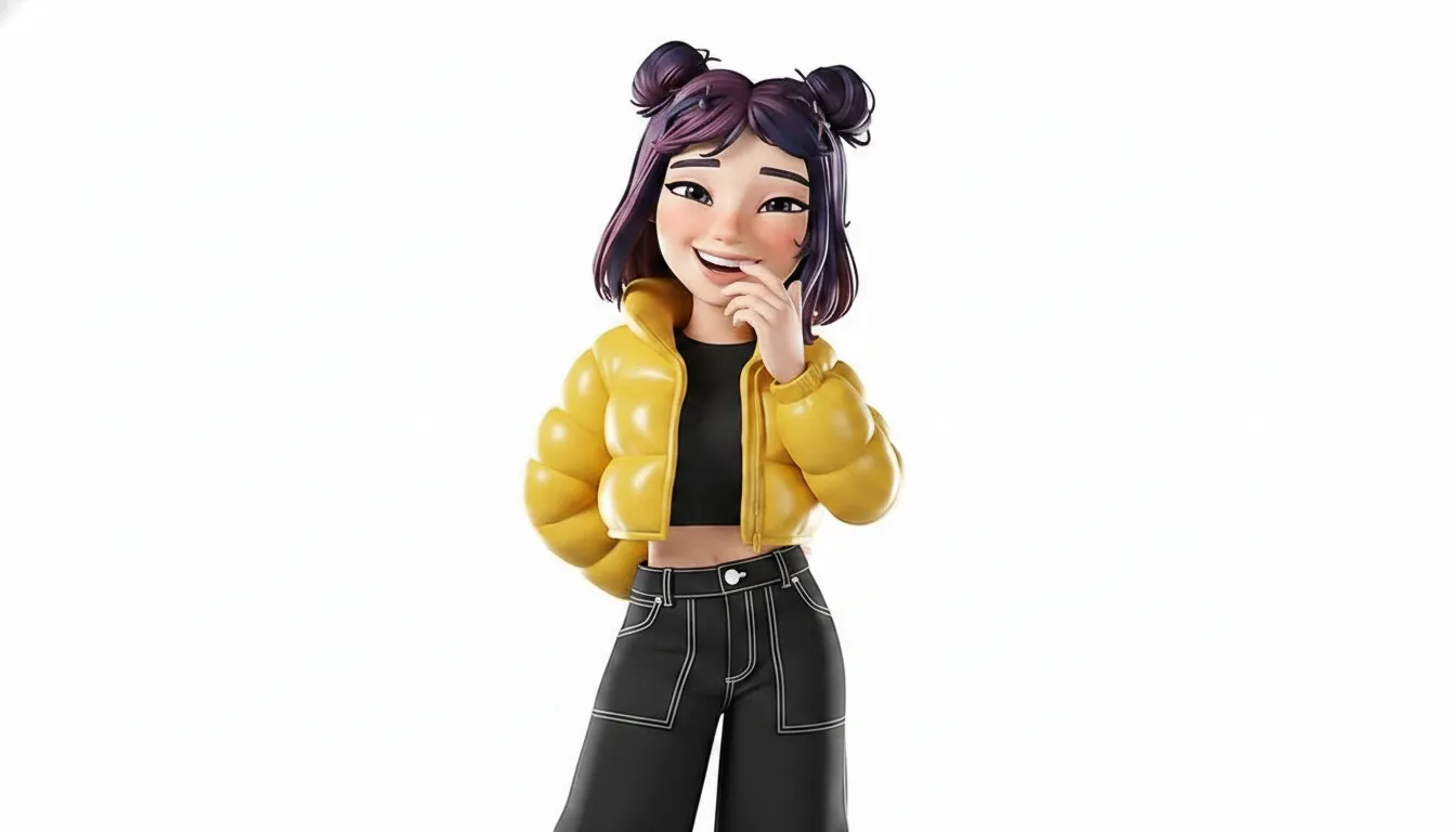 An animated character with a warm, expressive face reacting during a conversation