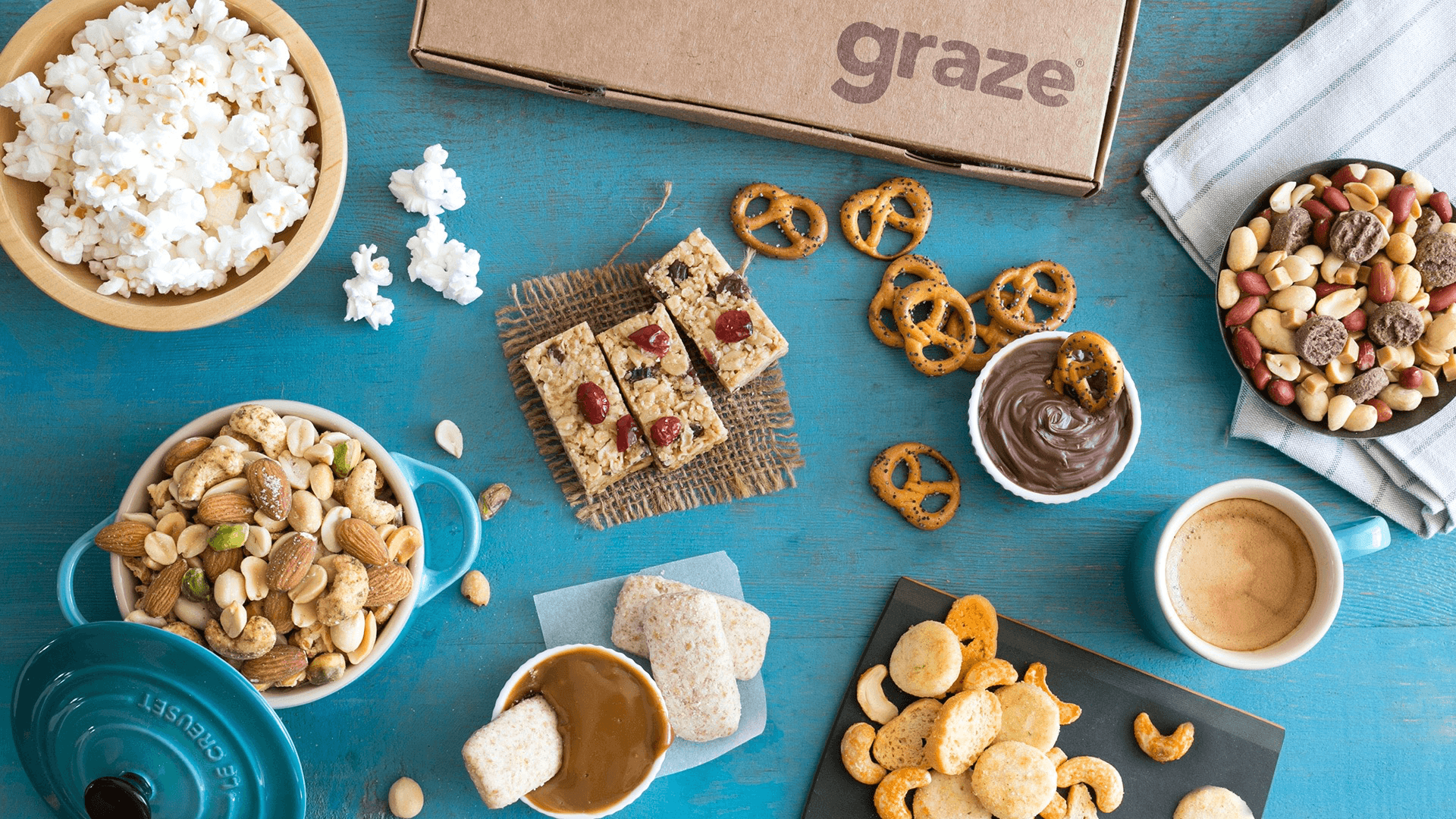 Looking down on a table full of Graze snacks