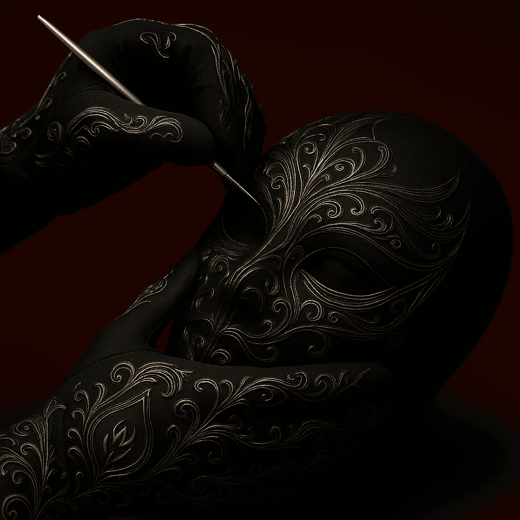 A black and white photo of a person with curly hair sitting on a chair in a barren, textured landscape.