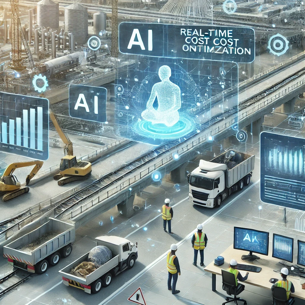 Projet d'infrastructure majeur, tel qu'un pont ou une autoroute, avec des systèmes alimentés par l'IA surveillant le progrès et les coûts en temps réel. Des ingénieurs analysent des données sur des tableaux de bord numériques, illustrant l'optimisation des coûts grâce à l'intelligence artificielle