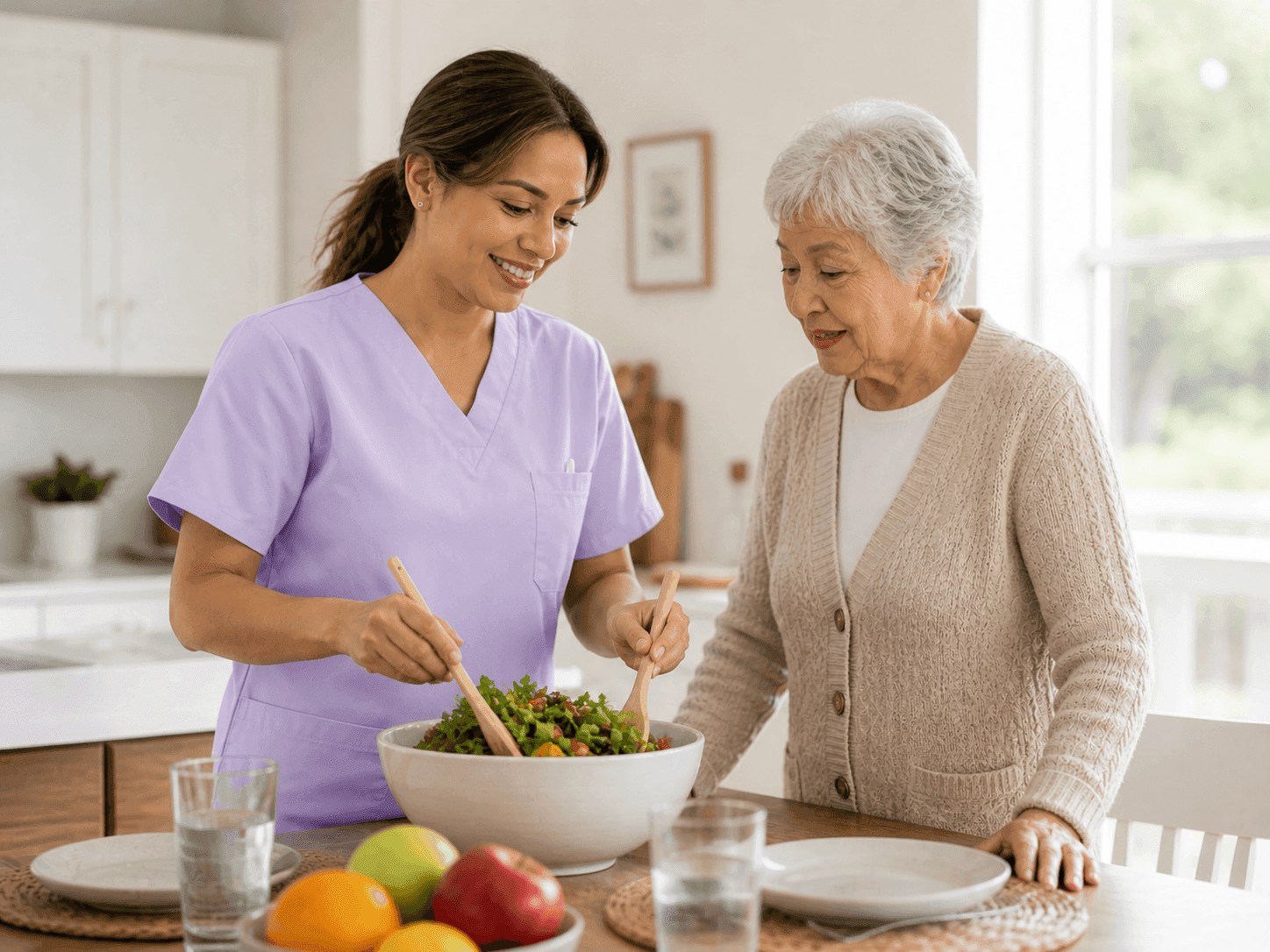 Professional caregiver providing full-time support for an elderly person at home