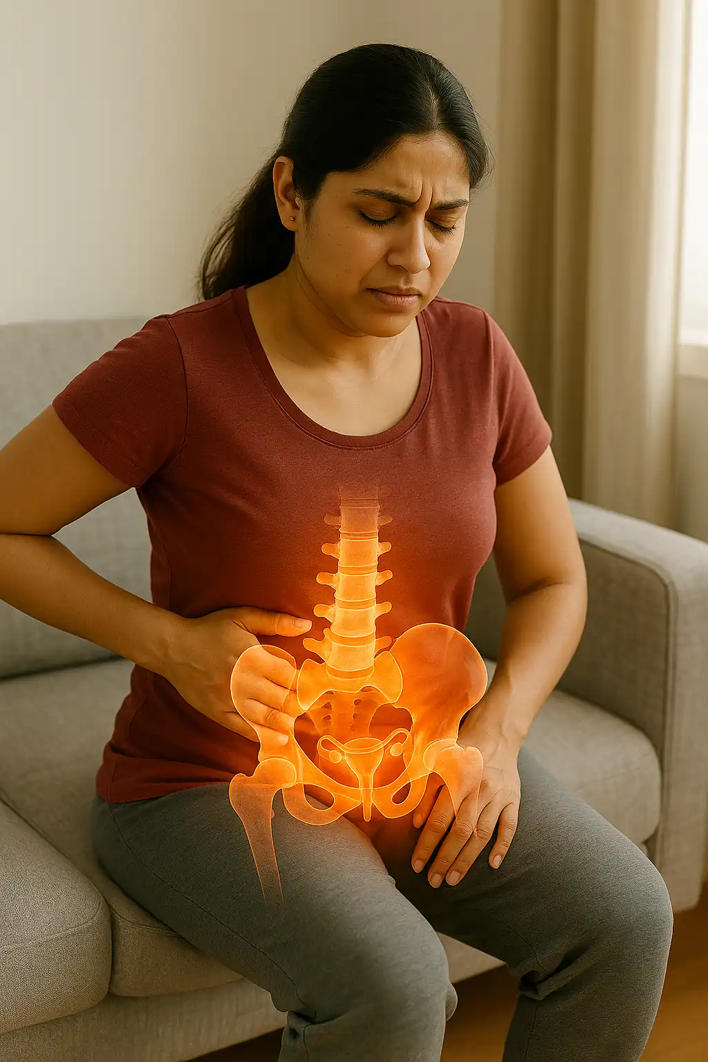 Woman experiencing abdominal and pelvic discomfort with pelvis illustration — PCOS pelvic pain physiotherapy management.