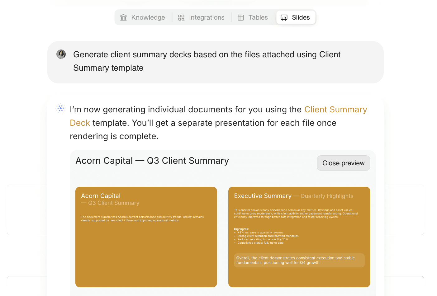 Slides generation interface showing an AI agent producing client summary decks; includes a preview of two orange-themed slide cards summarizing quarterly performance.
