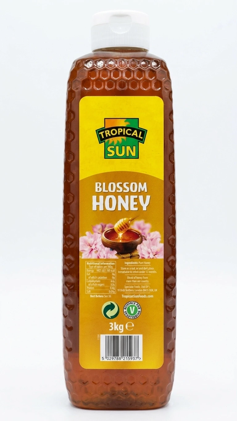 Tropical Sun Blossom Honey 3kg bottle product photography for mediareach retail and e-commerce marketing