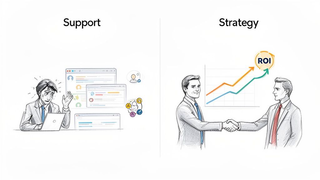 Stressed man handling complex support tasks versus two men shaking hands, showing strategy and ROI growth.