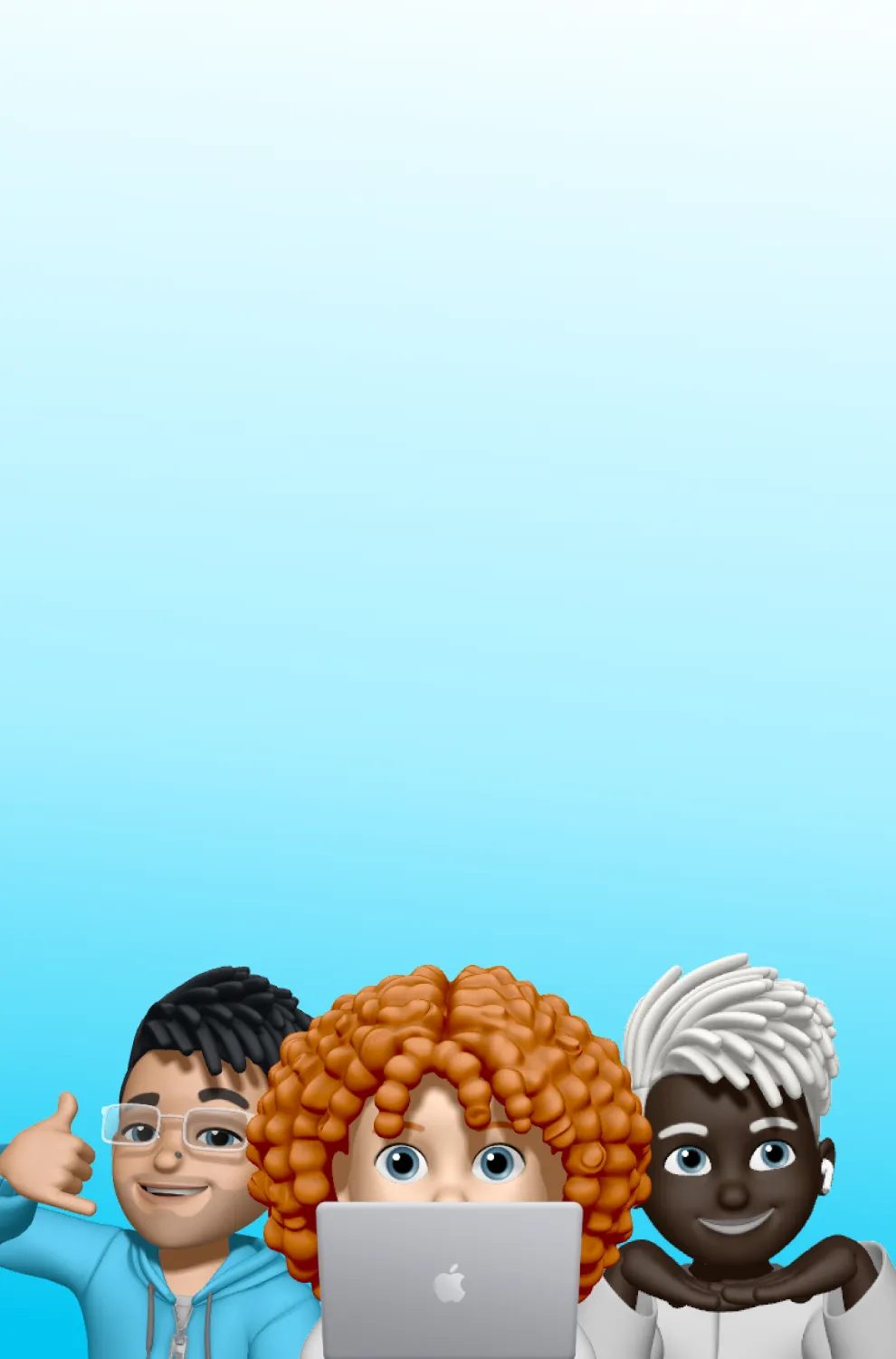 Three Memoji characters on a blue gradient background