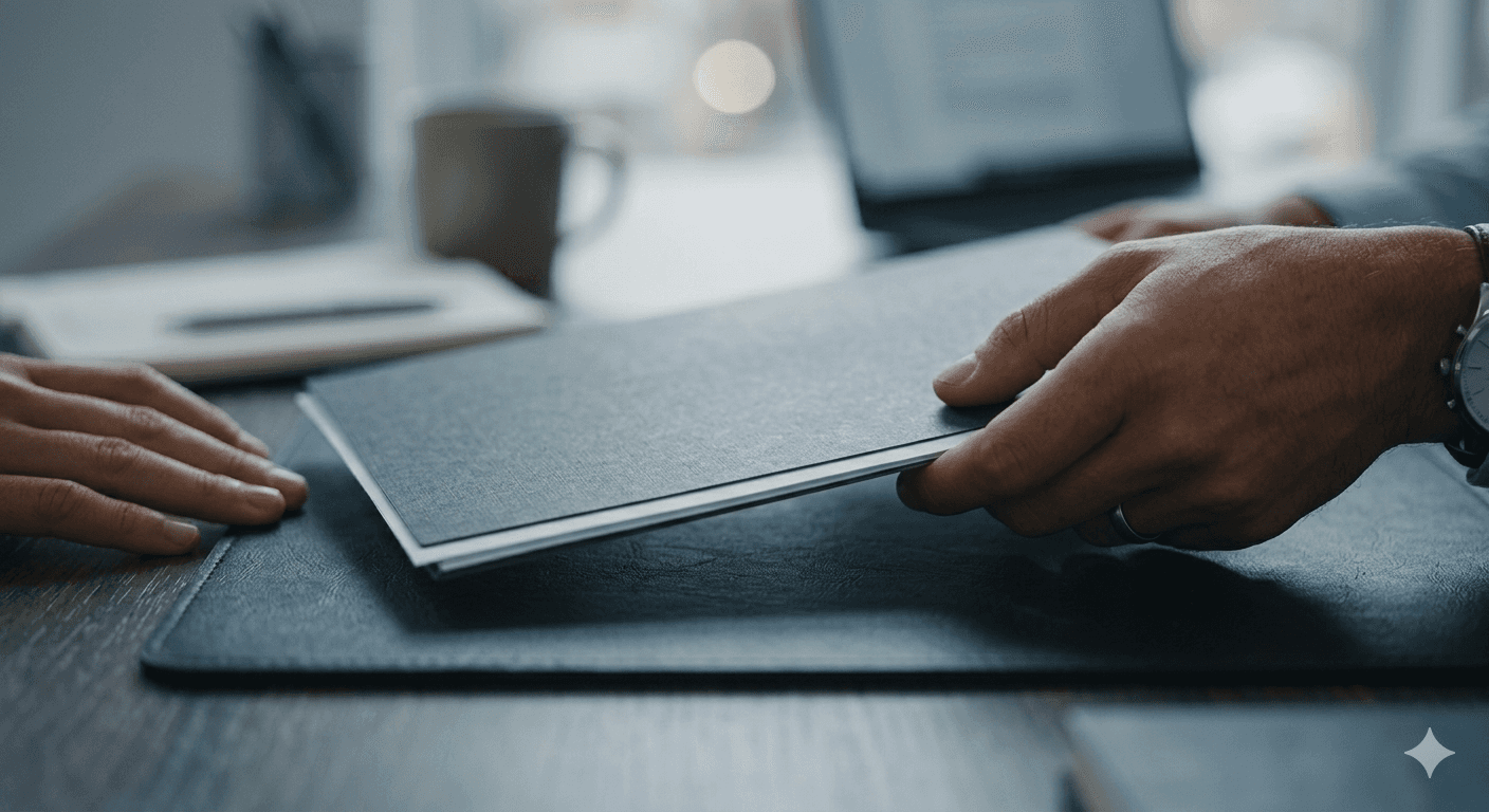 Hand gesturing over a tablet or touchscreen device on a desk with a blurred office environment in the background.