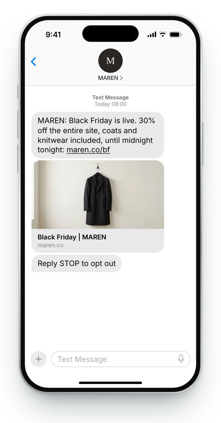 8am: the sale is live Black Friday text on an iPhone