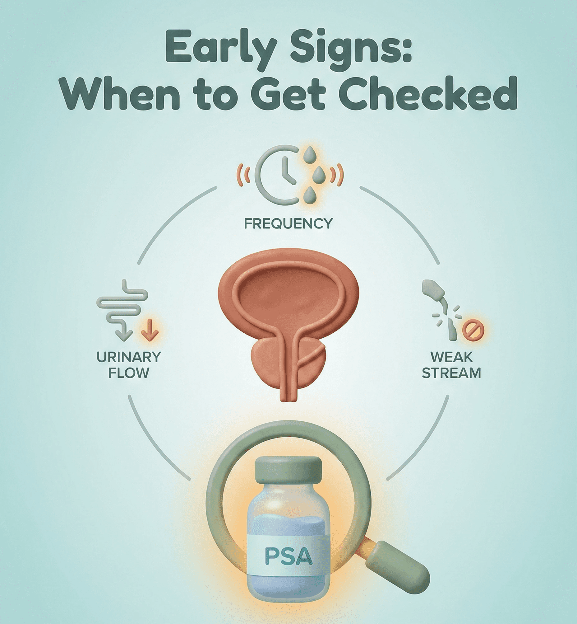 प्रोस्टेट कैंसर के शुरुआती संकेत और लक्षण PSA (Prostate Specific Antigen) स्क्रीिनंग और डॉक्टर से परामर्श के संकेत।