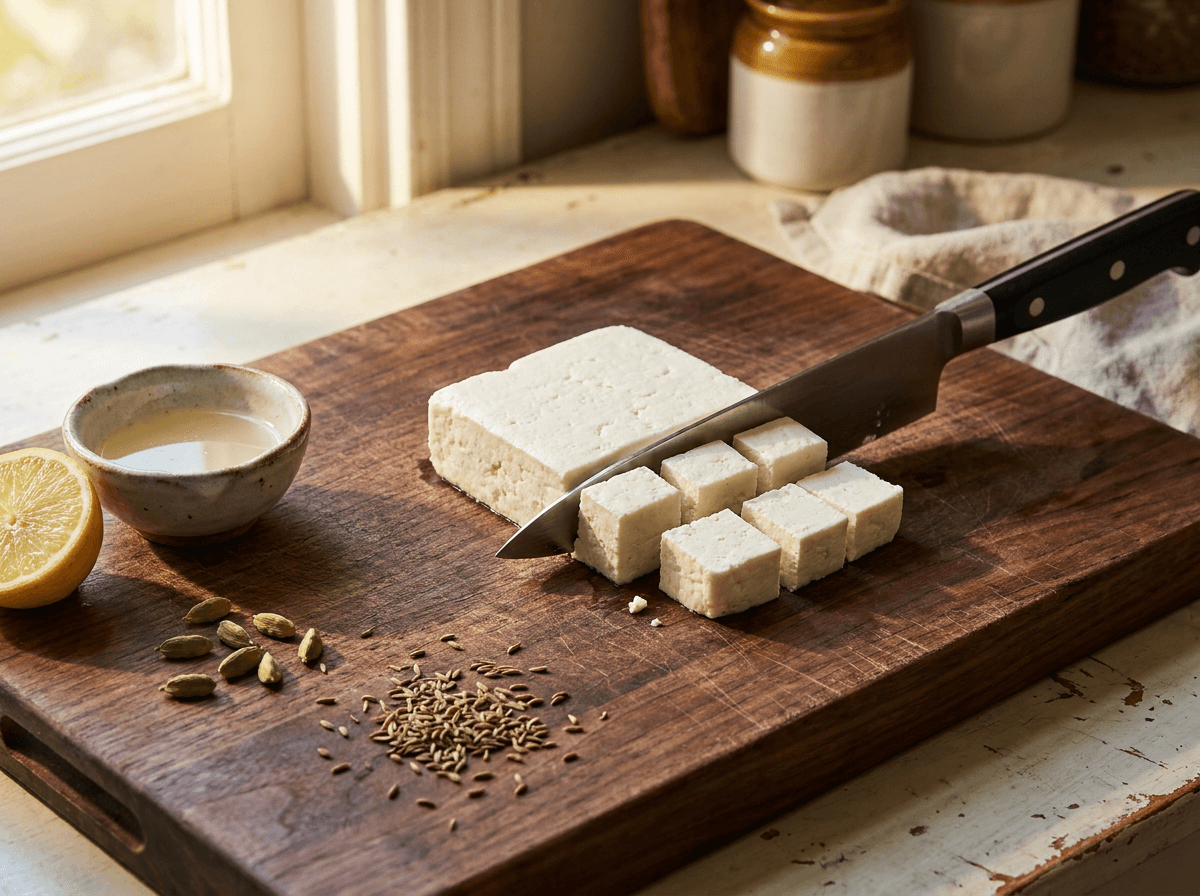 Fresh paneer block being sliced into cubes on a rustic wooden cutting board