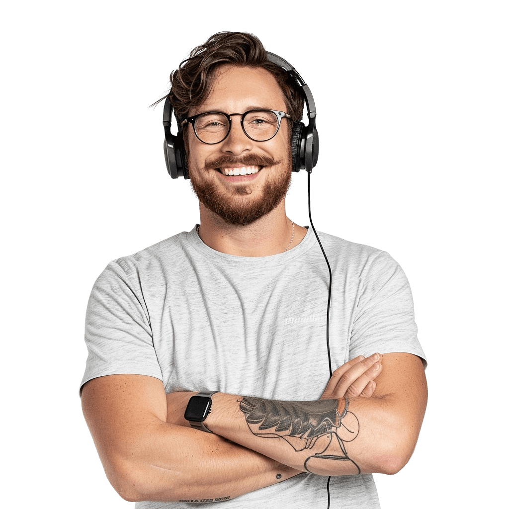 A happy man with headphones