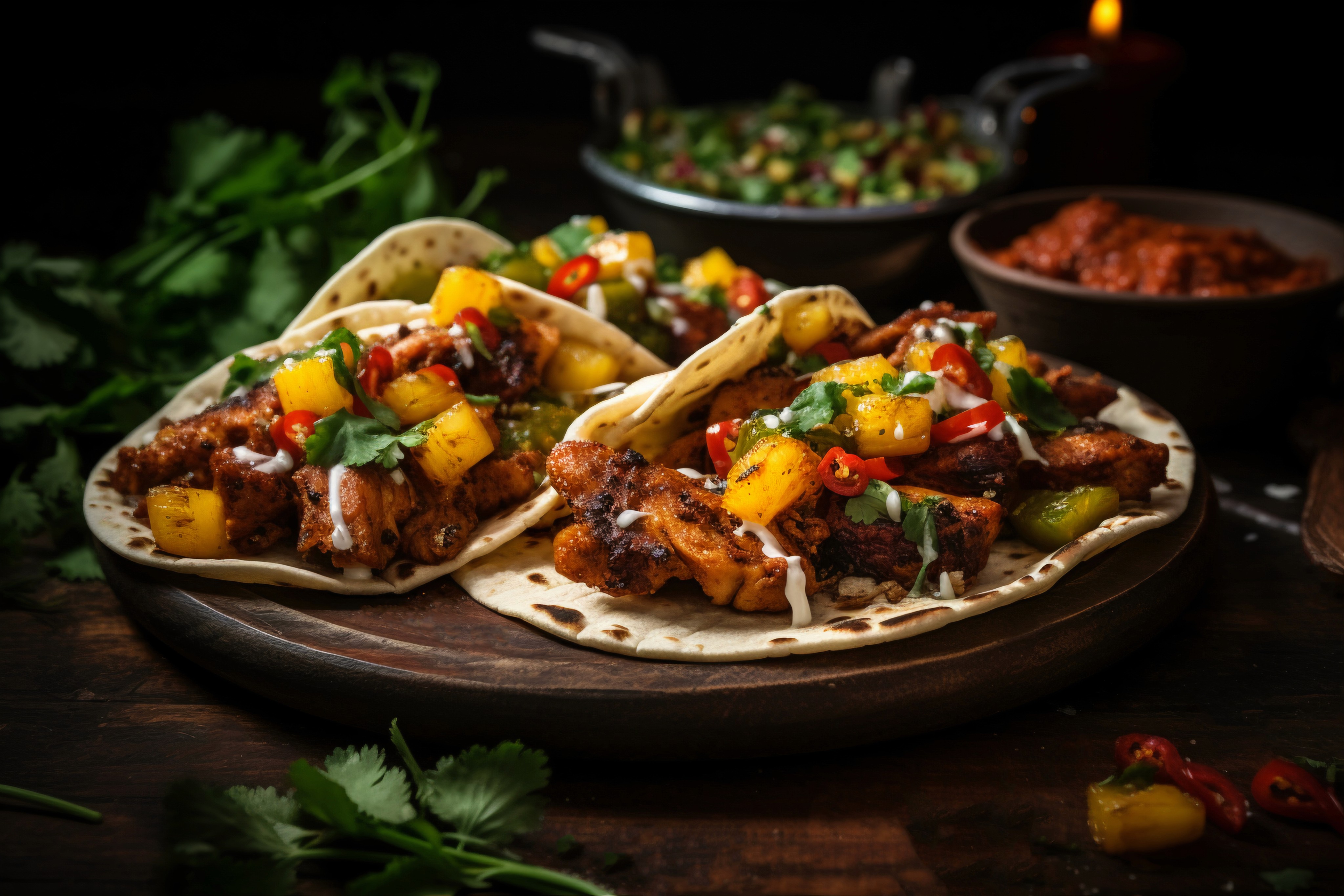 Two open soft-shell tacos, generously filled with grilled, spiced meat, diced pineapple salsa, cilantro, and a creamy drizzle, served on a rustic wooden board.