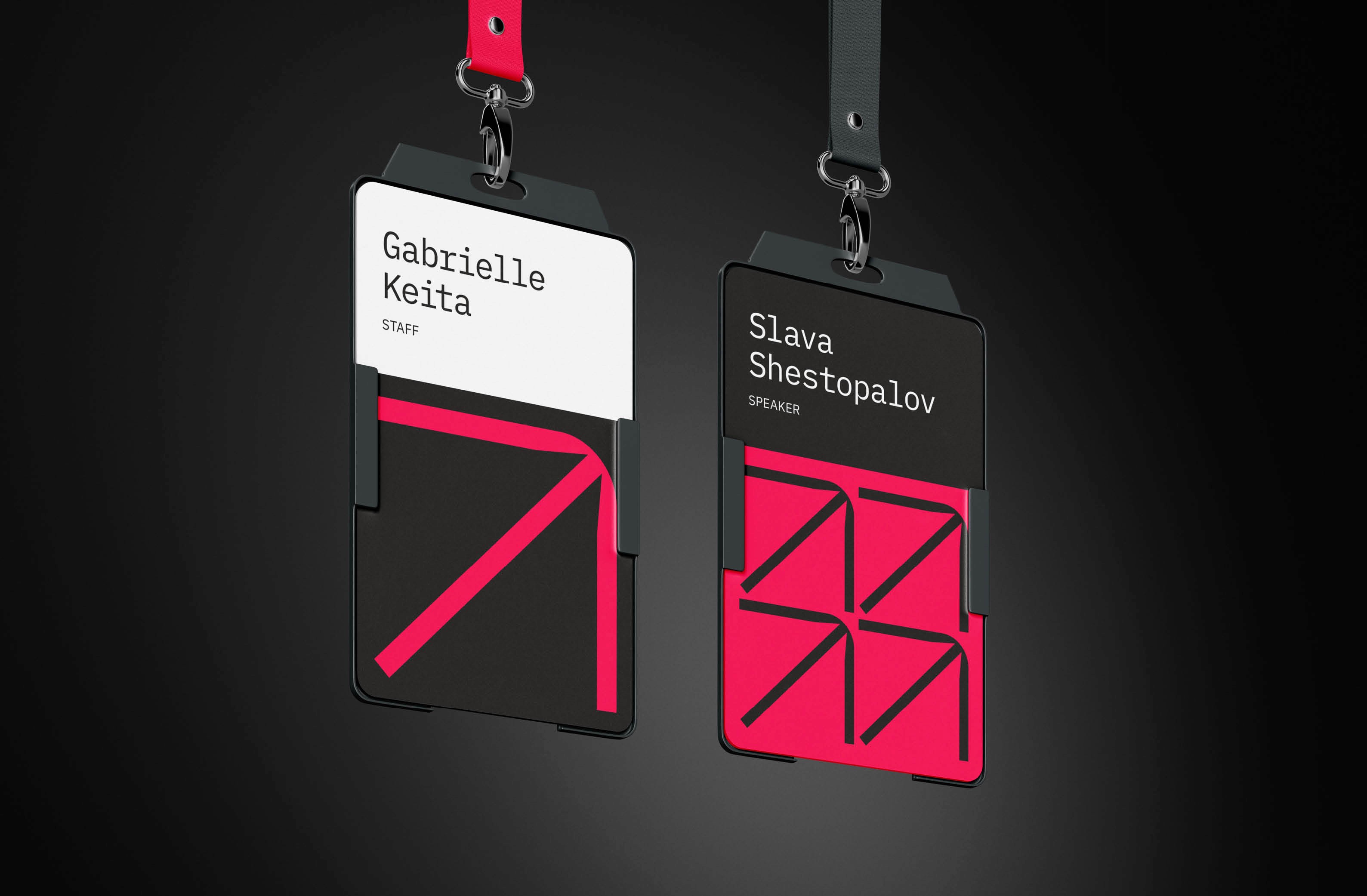 Stylish conference name badges for speakers and staff with vibrant design elements.