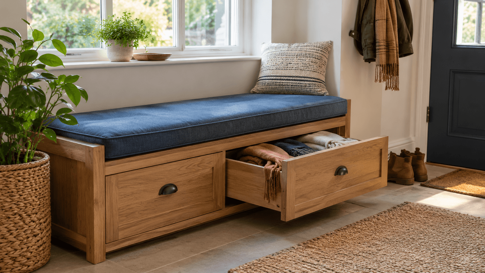 Une banquette en bois près d’une fenêtre combine un coussin bleu et un tiroir ouvert contenant des écharpes.