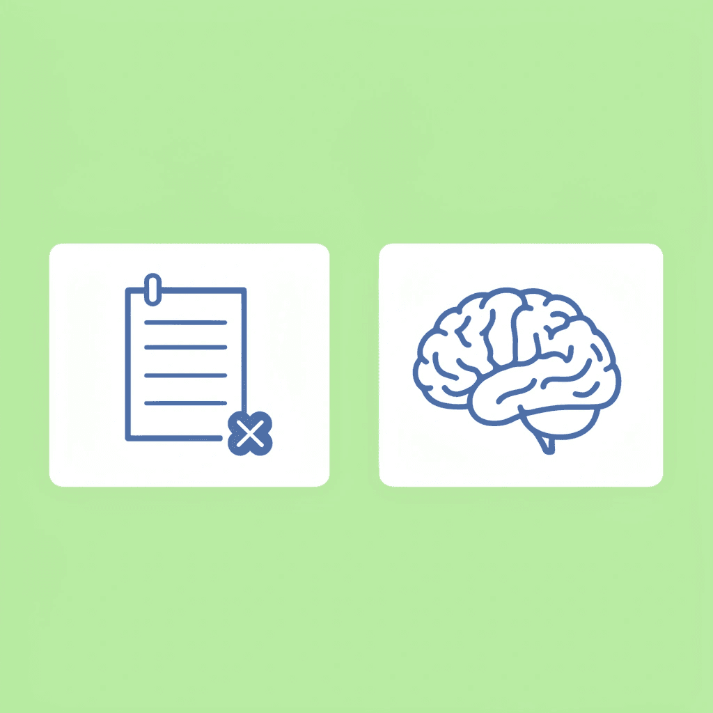 Before: paragraph notes with rereading icon. After: structured spreadsheet with retrieval practice checkmark