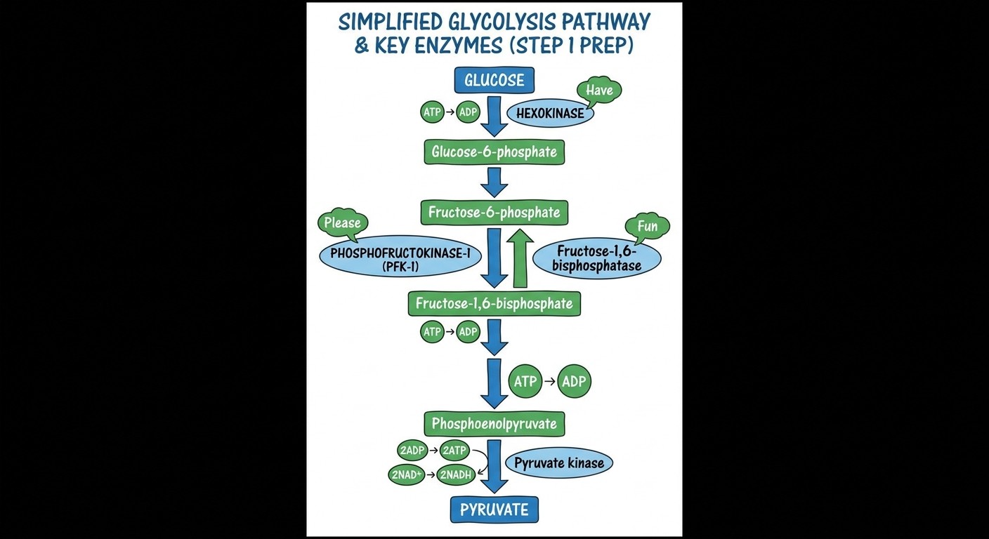 Biochemical pathway diagram showing glycolysis with mnemonic memory aids