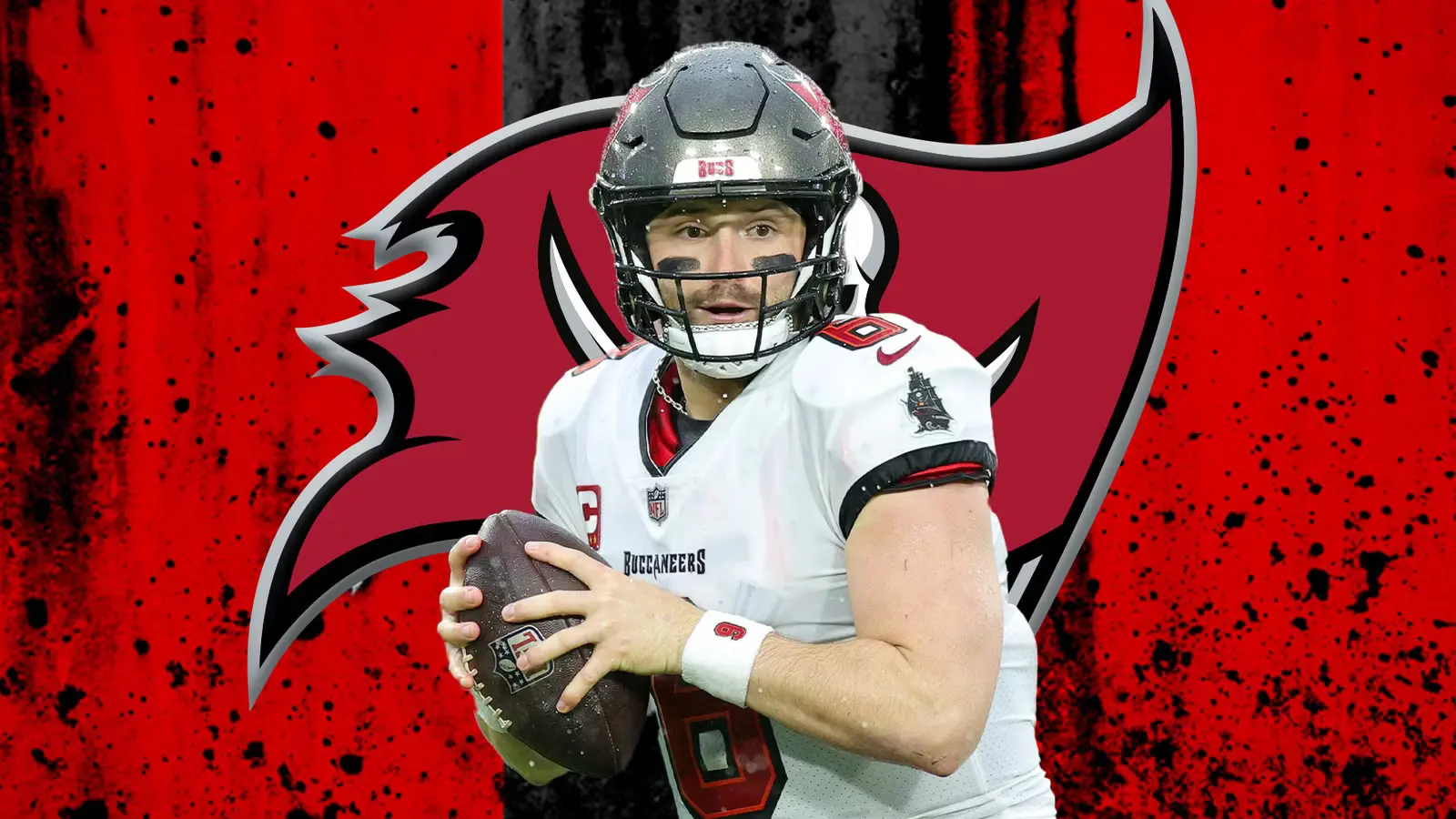 Graphic design image of a Tampa Bay Buccaneers quarterback in a white uniform holding a football, set against a bold red background with the team’s pirate flag logo behind him.