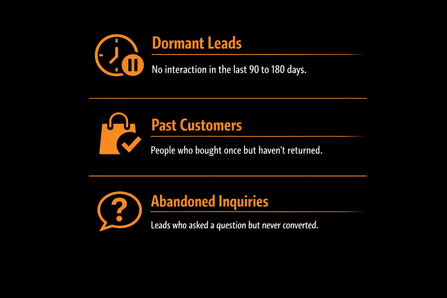 Database reactivation segmentation - dormant leads, past customers, and abandoned inquiries categorized by interaction history