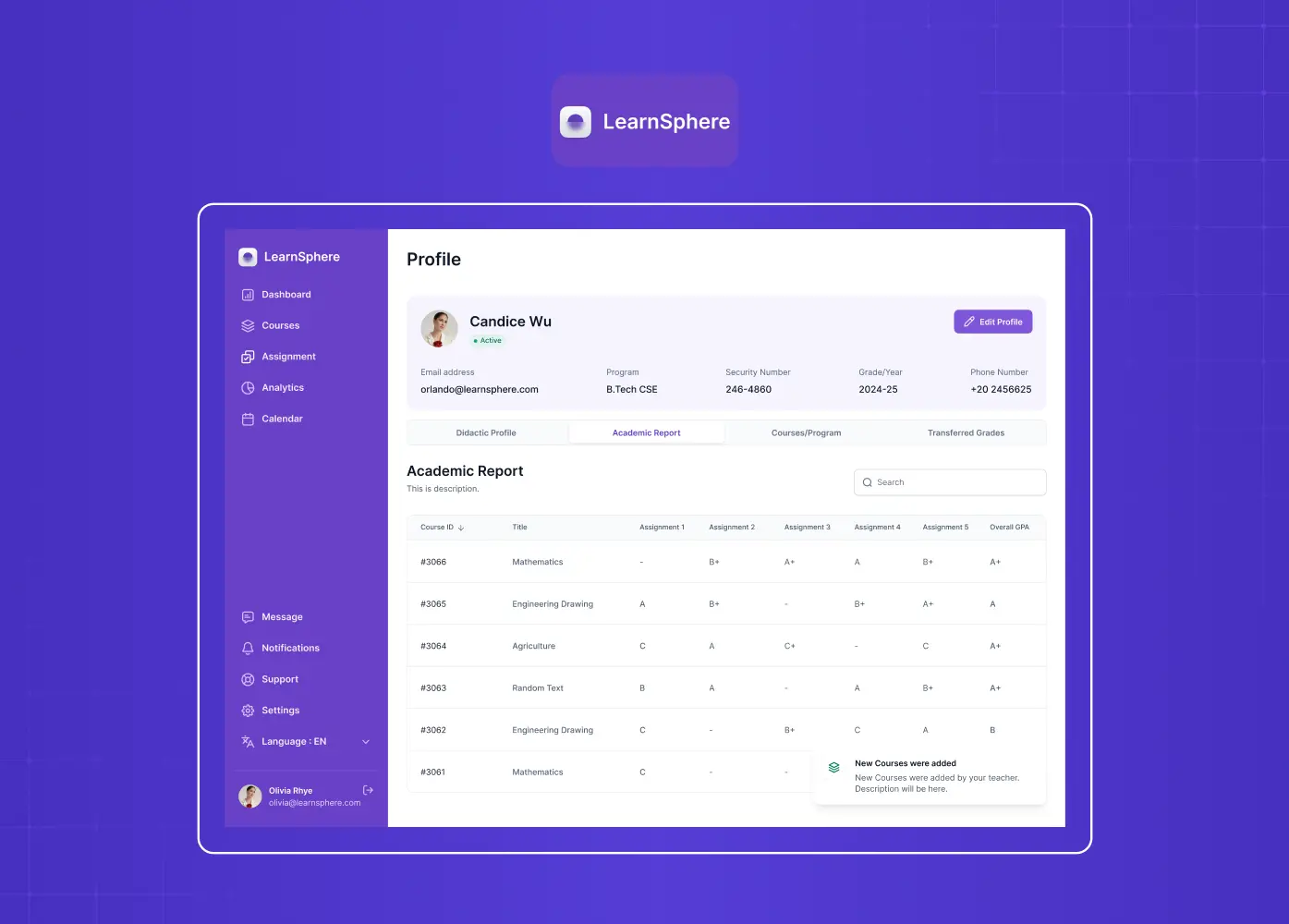 Student dashboard interface example demonstrating how design systems create scalable and reusable UI patterns.