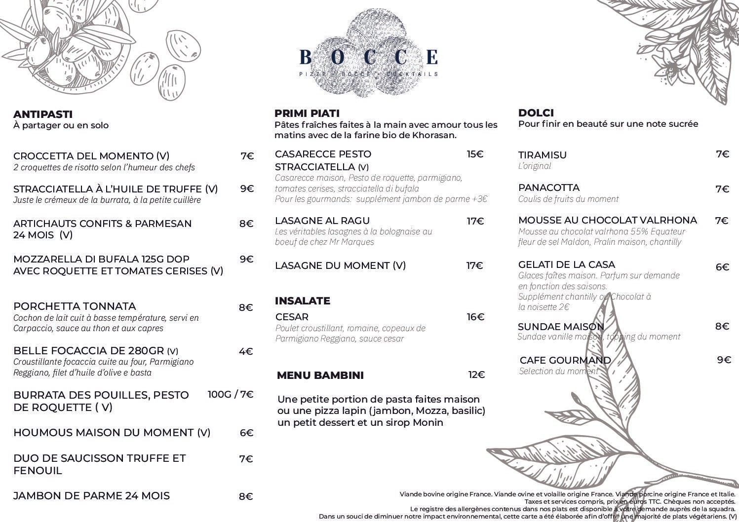 Carte du restaurant Latresne Menu recto — Bocce