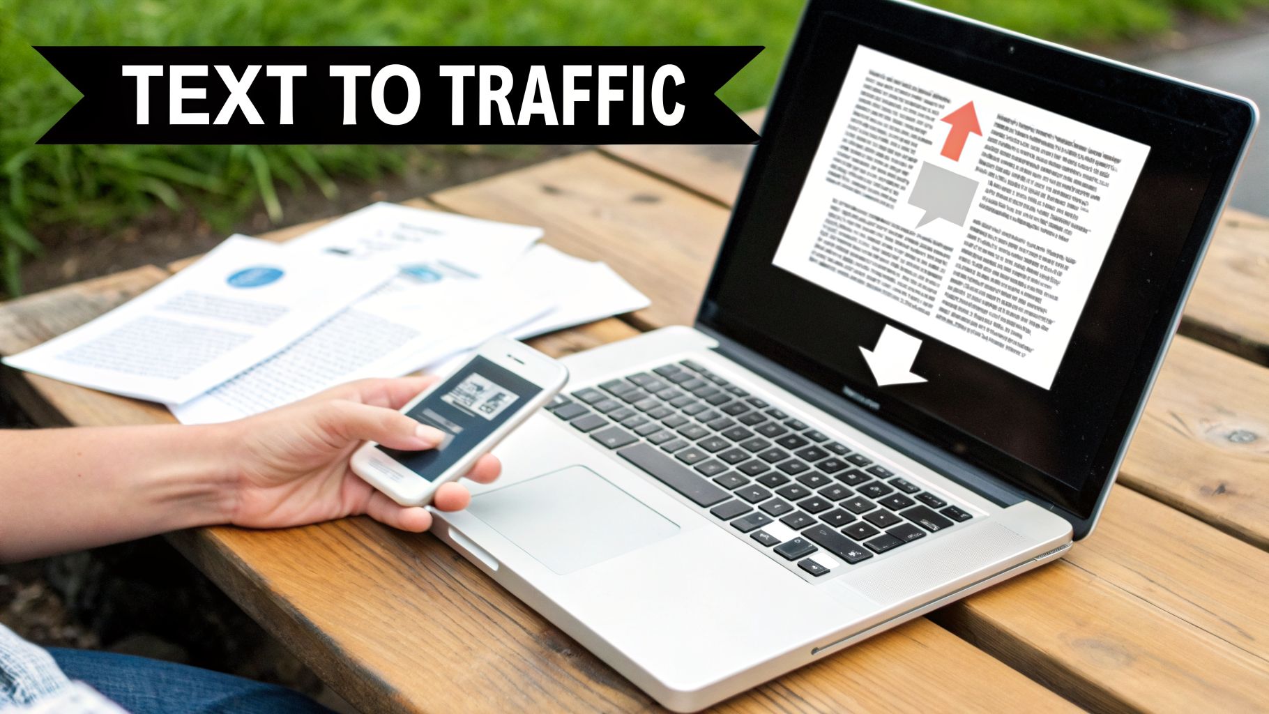 Person holding a phone next to a laptop displaying text with arrows on a wooden table. Banner: 'TEXT TO TRAFFIC'.