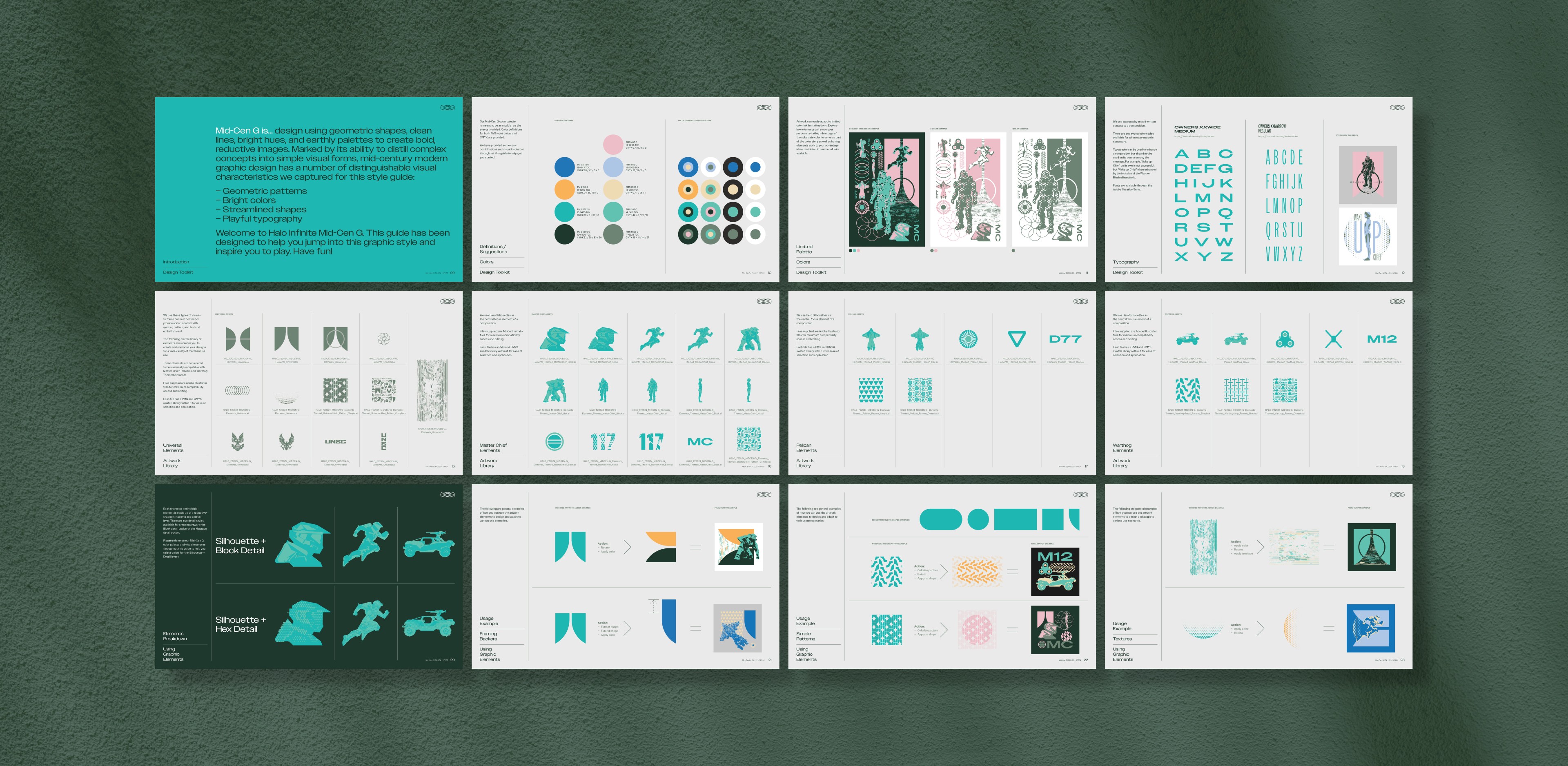 A collage of brand guidelines for Halo Infinite Merchandise