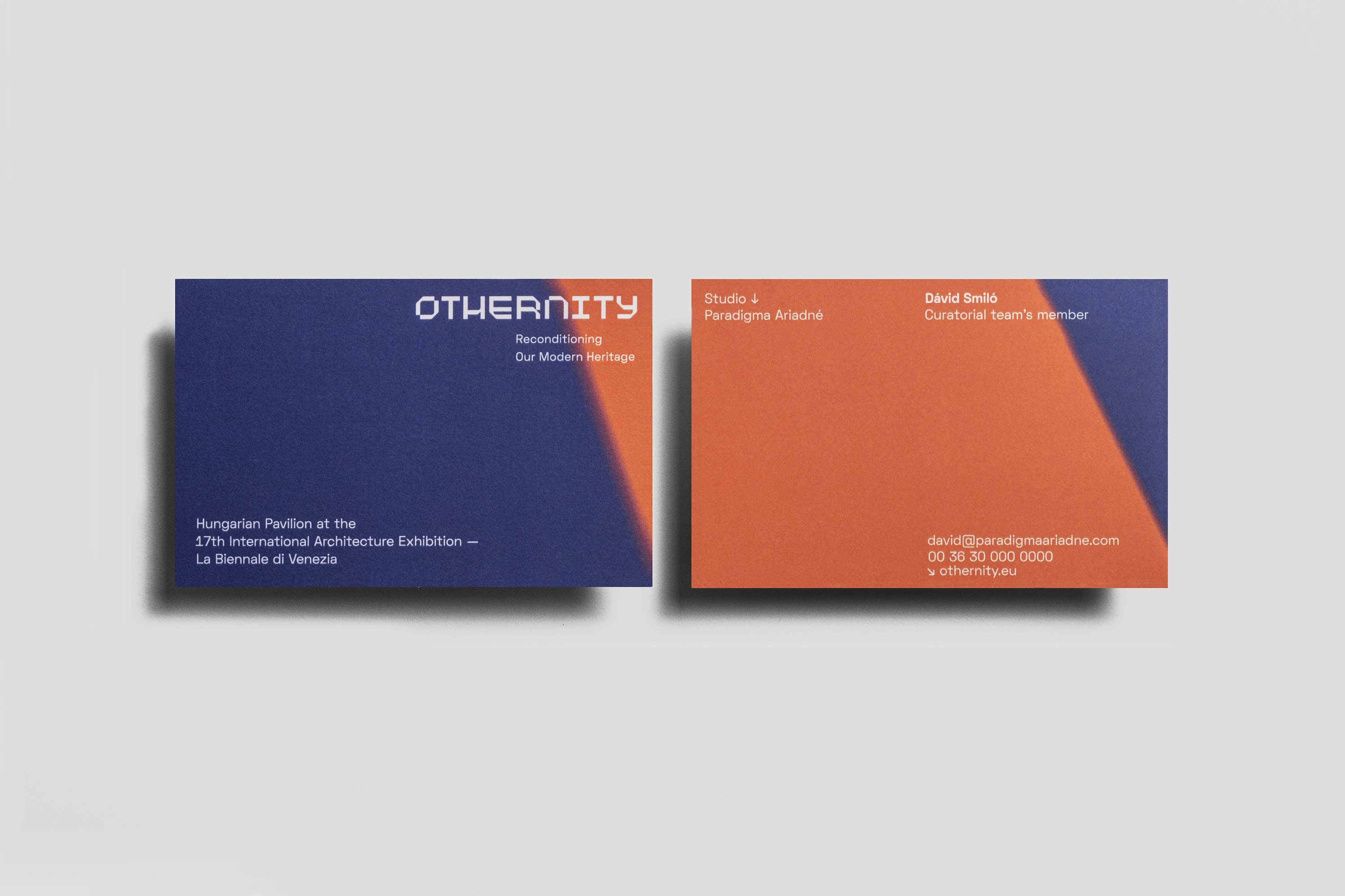 usiness card design for Othernity — Hungarian Pavilion visual identity. Minimal layout, monospaced typography, and embossed logo reflecting modernist precision. Designed by Marcell Kazsik