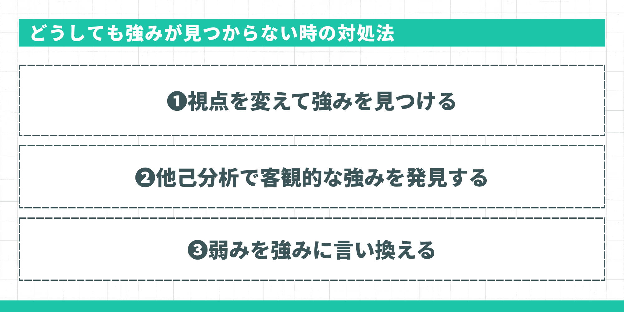 どうしても強みが見つからない時の対処法：①視点を変えて強みを見つける②他己分析で客観的な強みを発見する③弱みを強みに言い換える