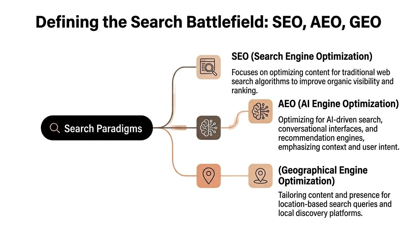 A diagram comparing search paradigms including SEO, AEO, and GEO with short definitions for each.