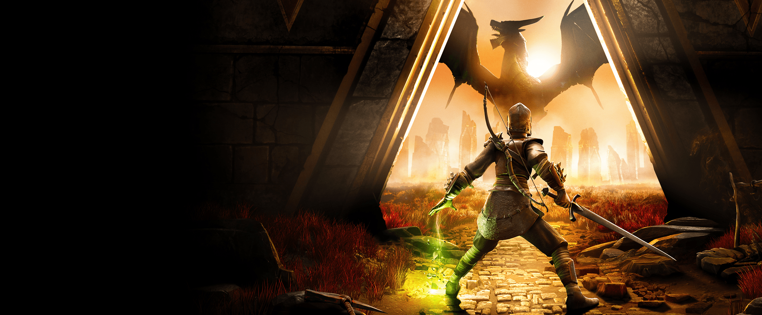 Artwork for RuneScape: Dragonwilds, featuring a sunlit doorway and an adventurer, facing down a dragon