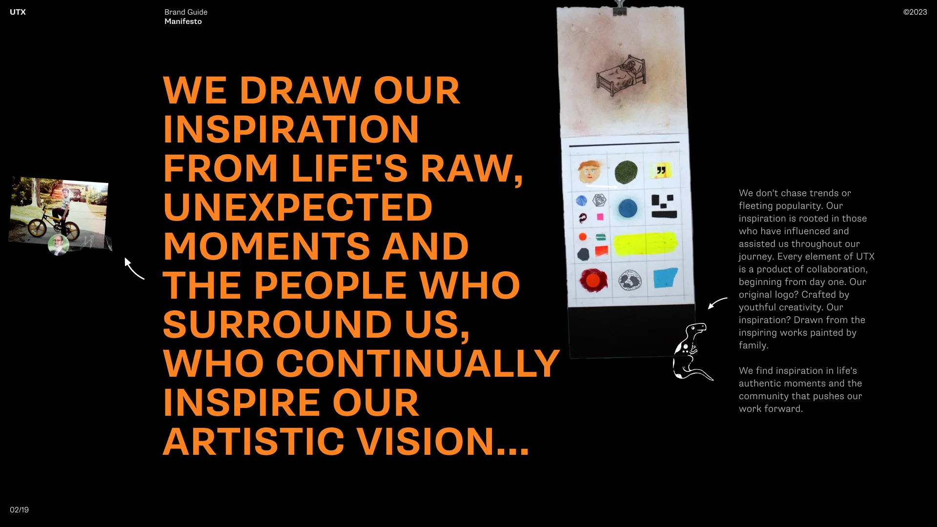 Text on a black background discusses inspiration derived from past experiences and the importance of storytelling.