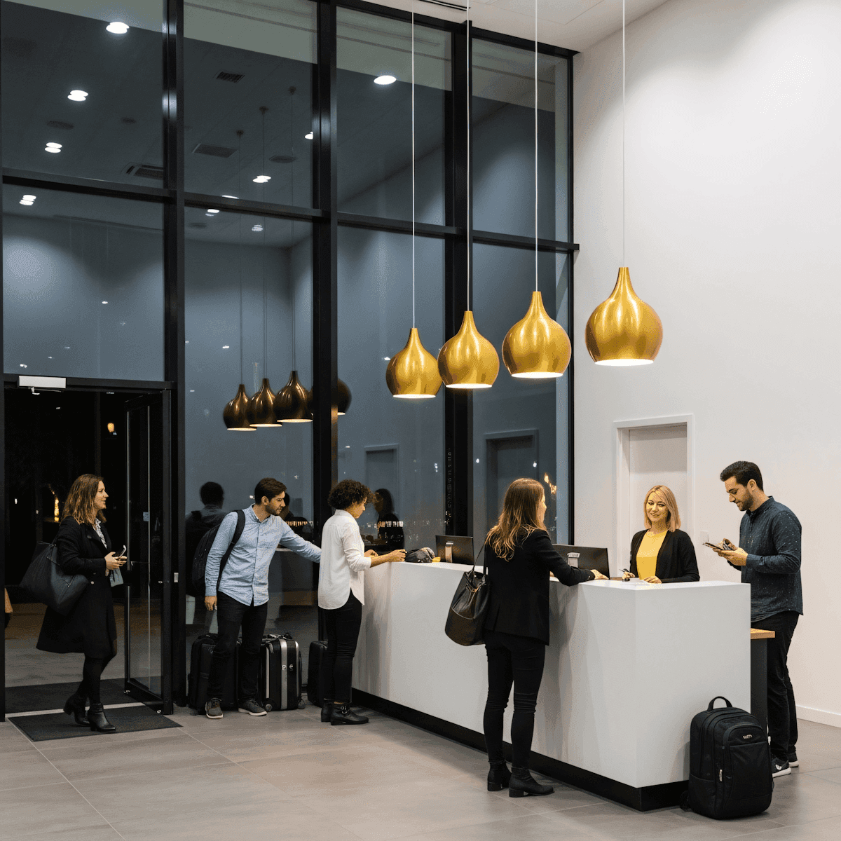 Office reception desk with gold pendant lights, a receptionist greeting a visitor, and another person checking in