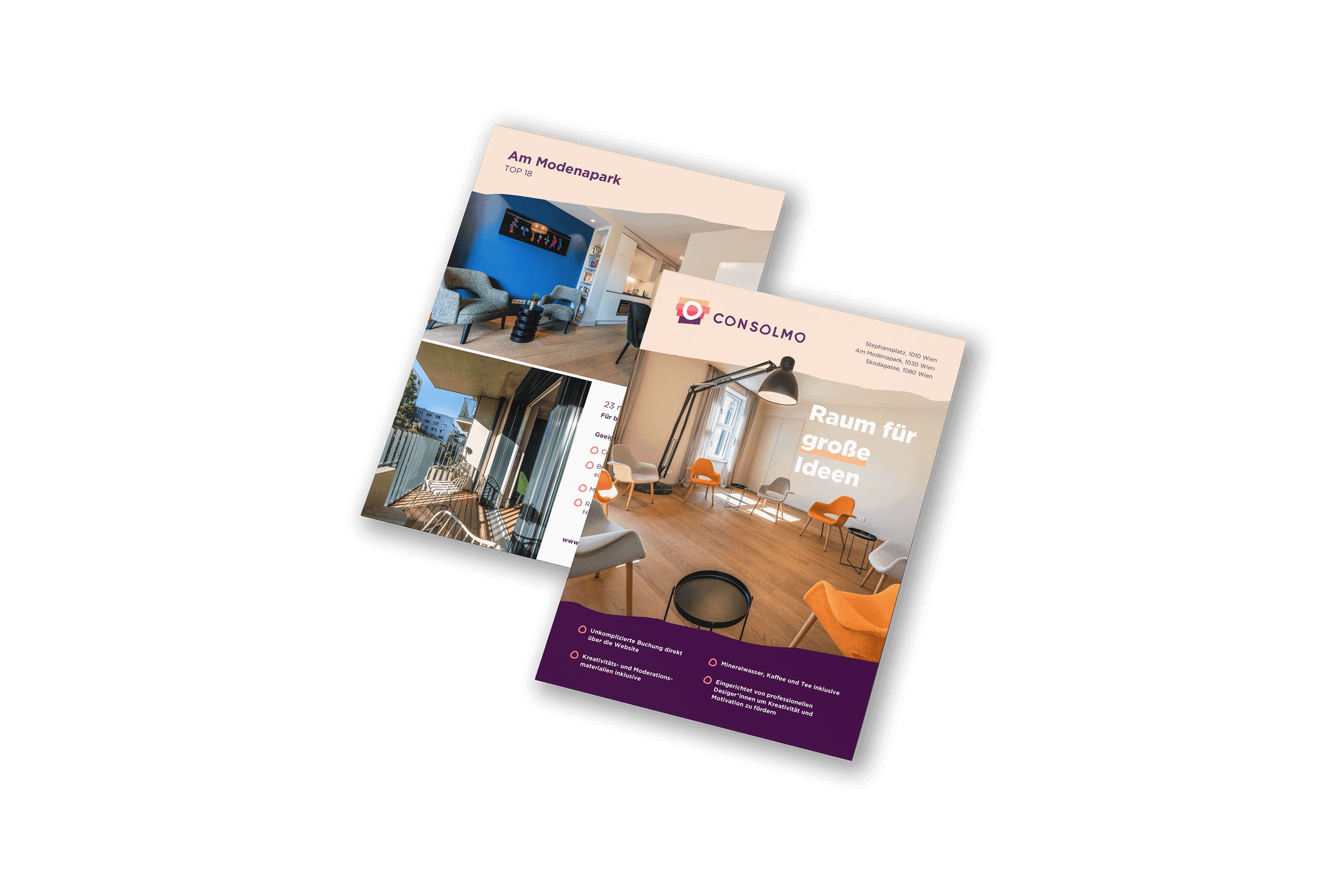 Hand-out für Consolmo mit Seminarraum, Informationen zu Ausstattung und Übersicht weiterer Standorte