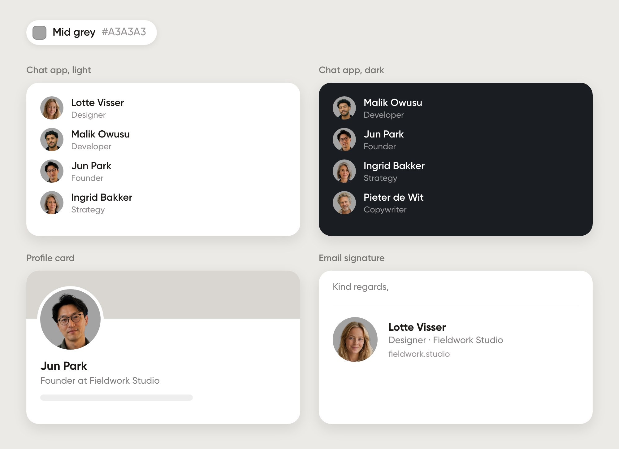 Mid grey background portraits in a light and a dark chat app, a profile card and an email signature