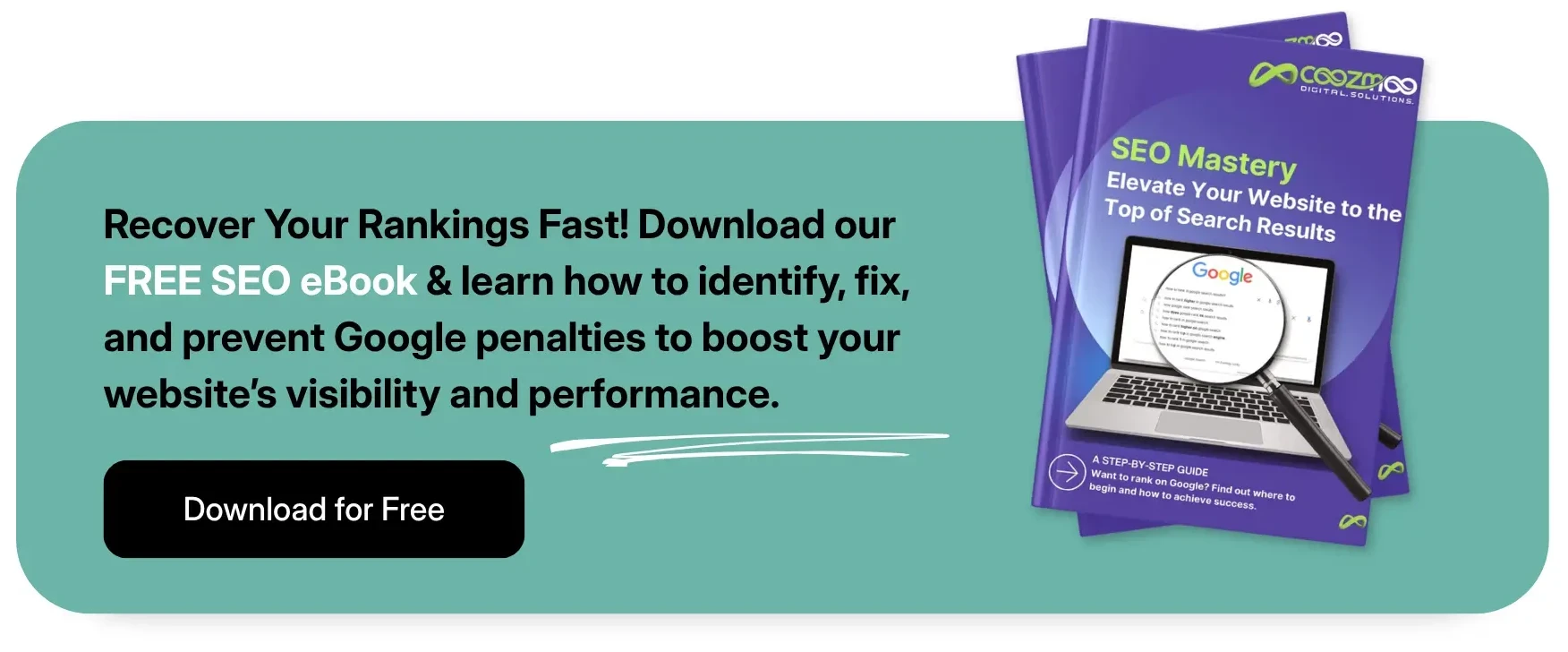 A call-to-action of Coozmoo's SEO Mastery Ebook 