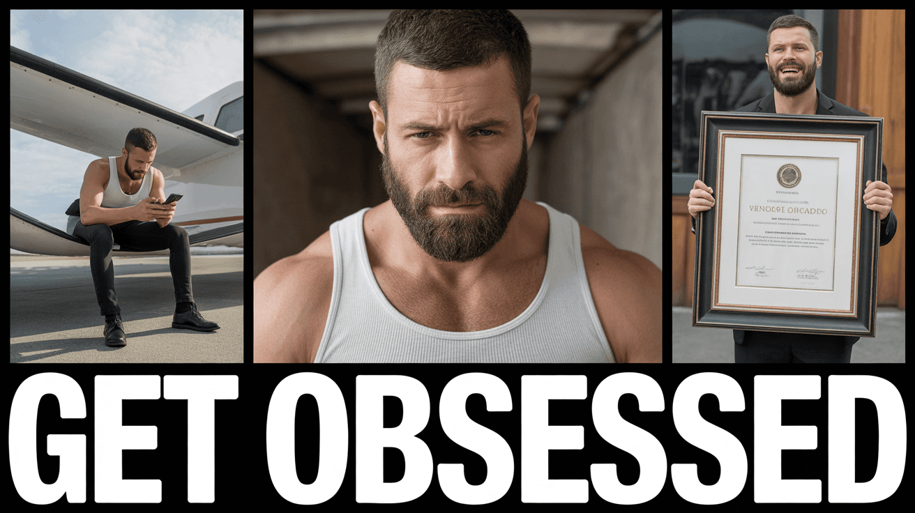 Alex Hormozi-style life lessons thumbnail with private jet, intense portrait, framed award, and GET OBSESSED text