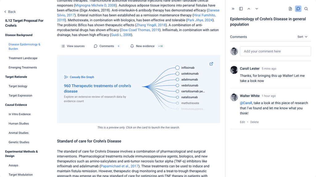 Causaly Report, Visualisation and Comment sidebar