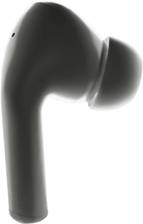 Black wireless earbud with a sleek design, angled tip, and smooth surface, resting against a plain background.