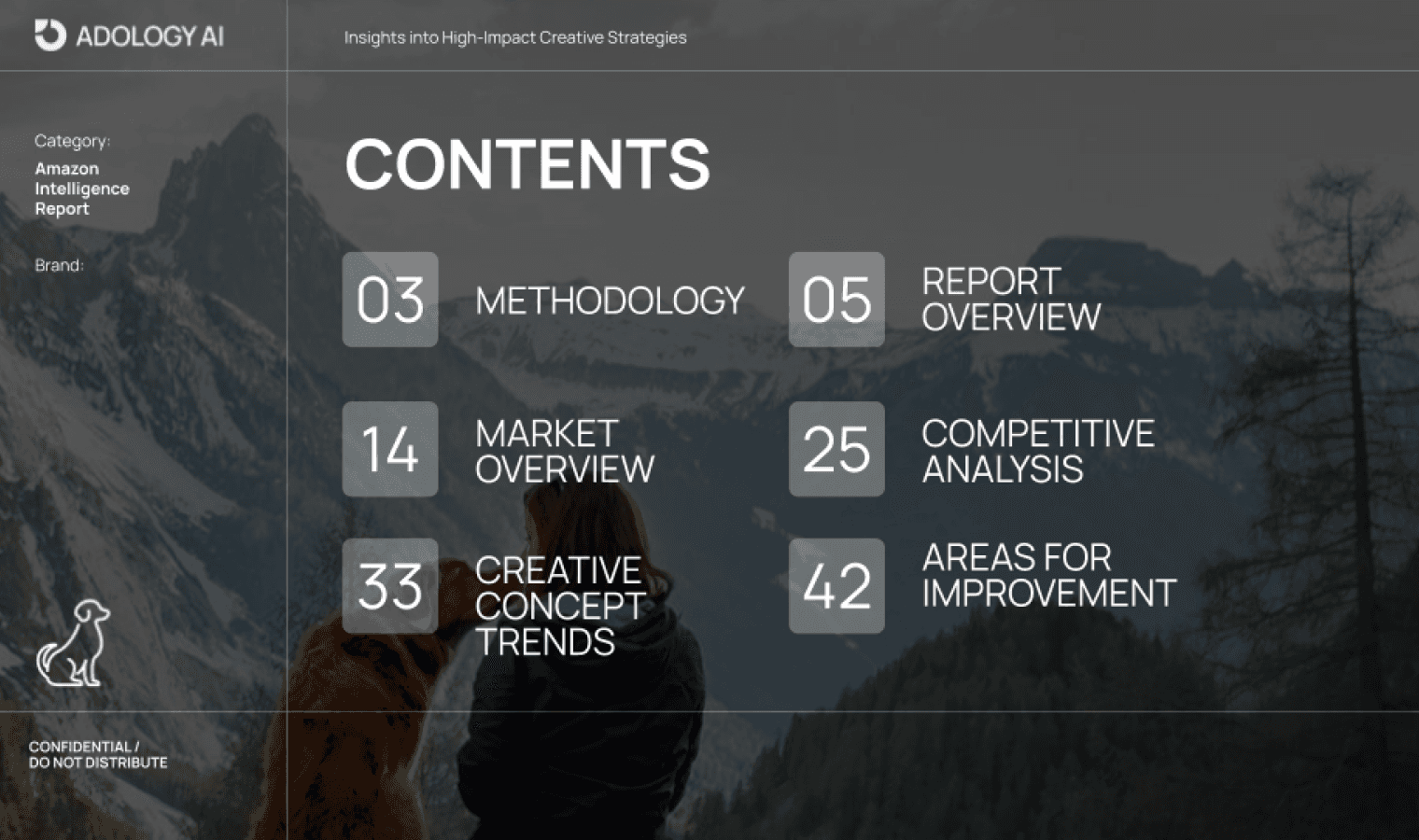 Creative Intelligence report contents page showing methodology, competitive analysis, and trend insights