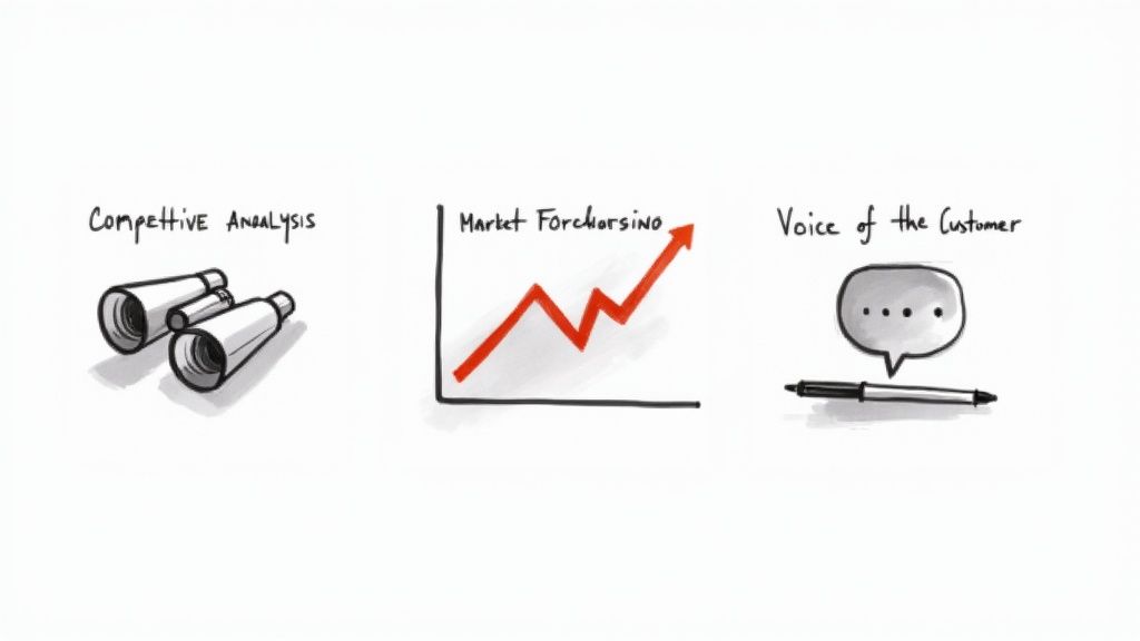 A checklist with key features of marketing intelligence platforms being ticked off