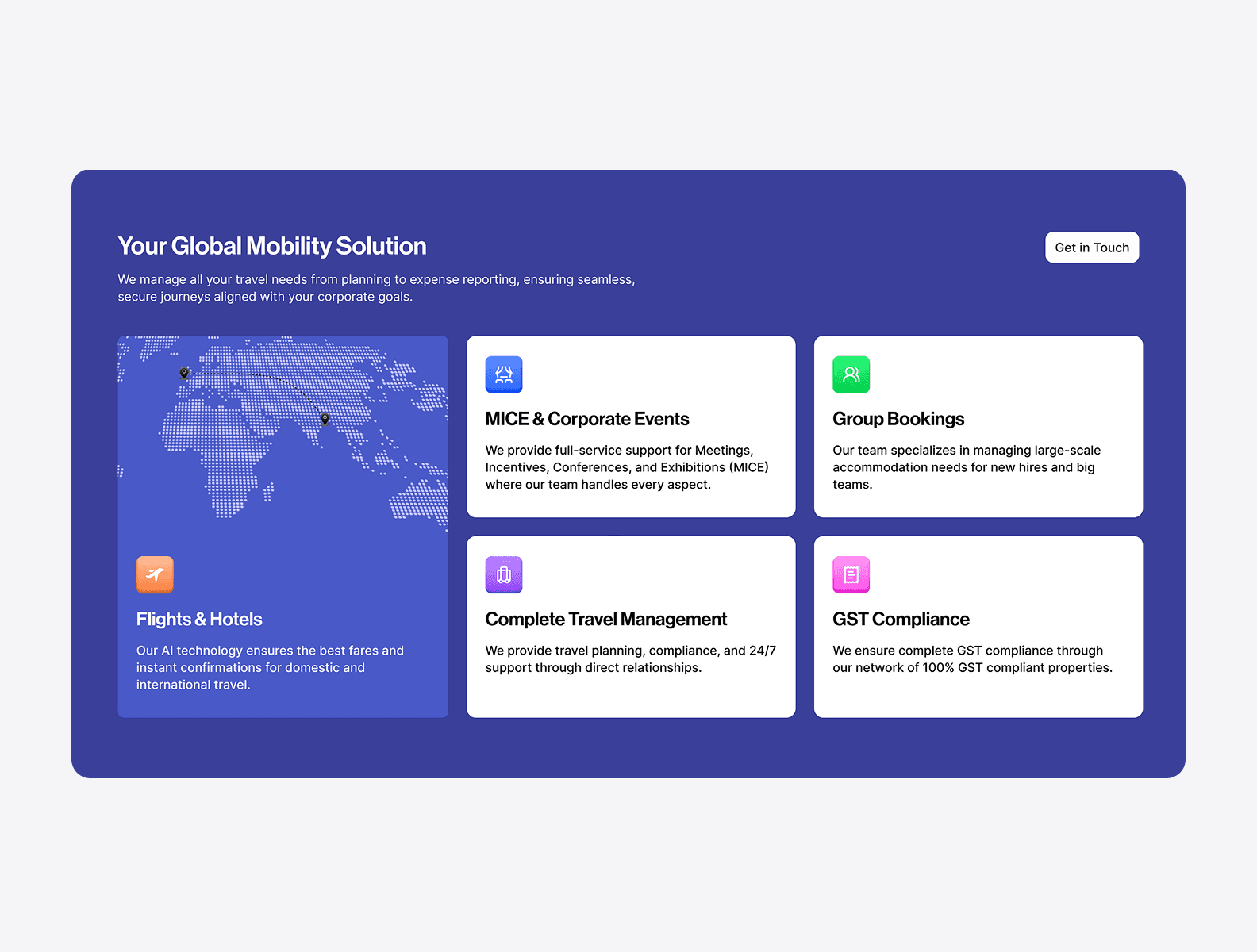 A business traveler with a suitcase gazes out a large airport window as a plane takes off, symbolizing seamless corporate travel and easy bookings, with an adjacent web interface highlighting travel services and contact options.