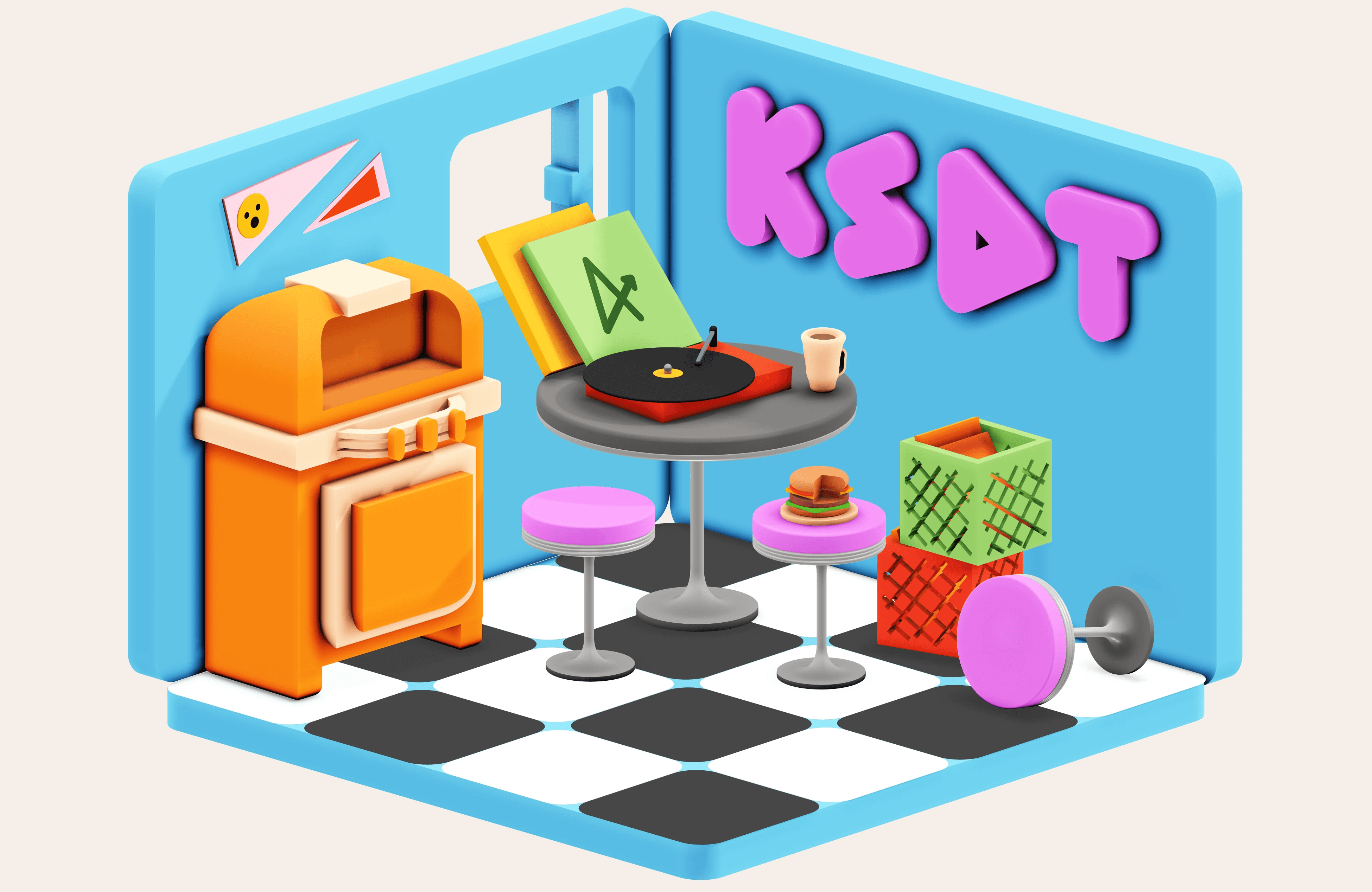 An isometric three-dimensional model of a 1950's diner in bright colors.