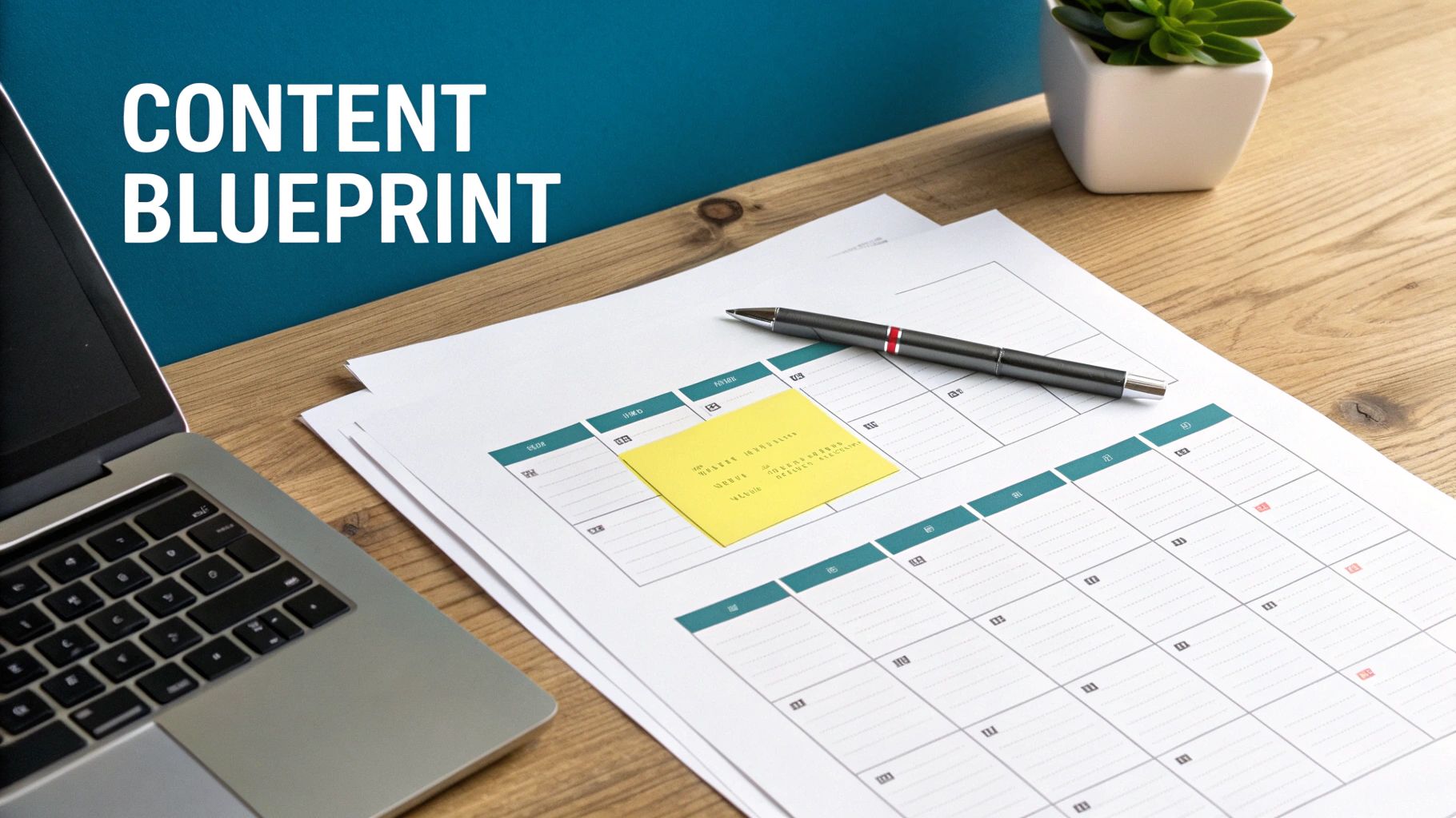 A desk with a laptop, a 'CONTENT BLUEPRINT' document, calendar, pen, and a plant.