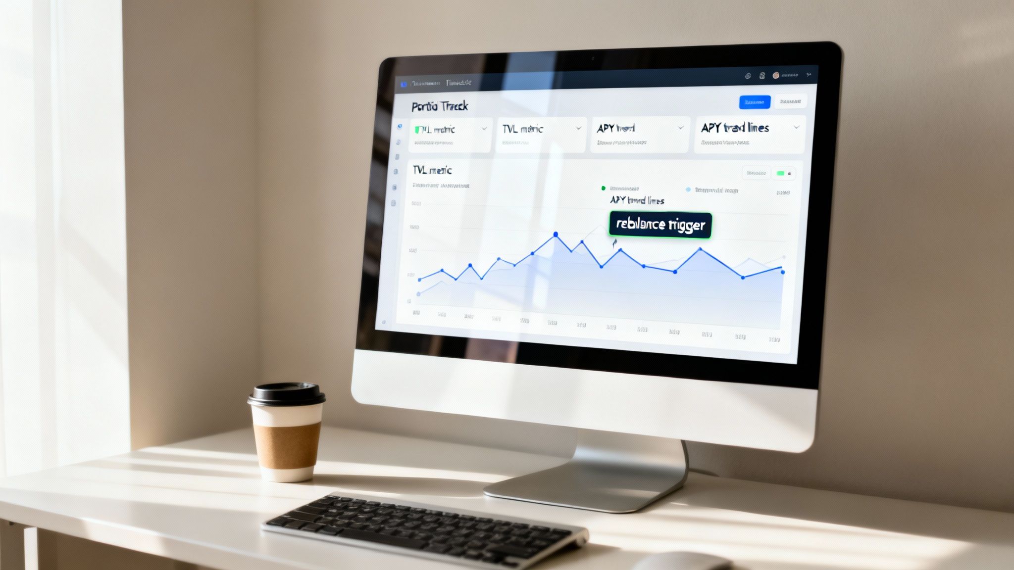 A computer monitor displays a financial dashboard with a line graph, next to a coffee cup and keyboard.