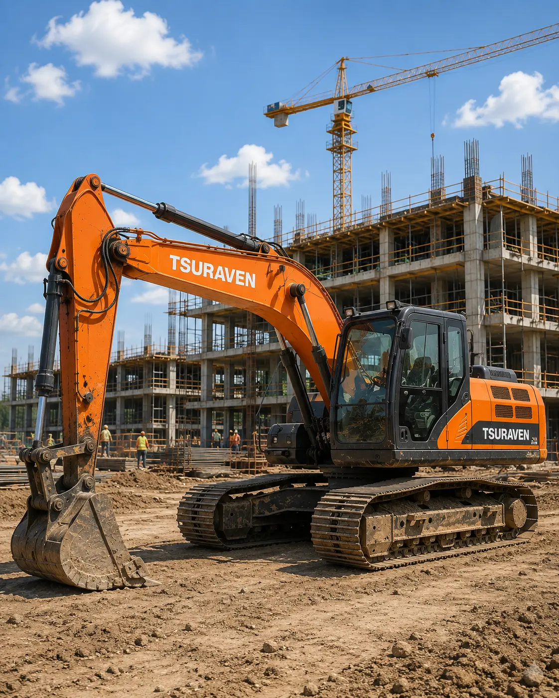 Tsuraven branded excavator operating at an active building construction site