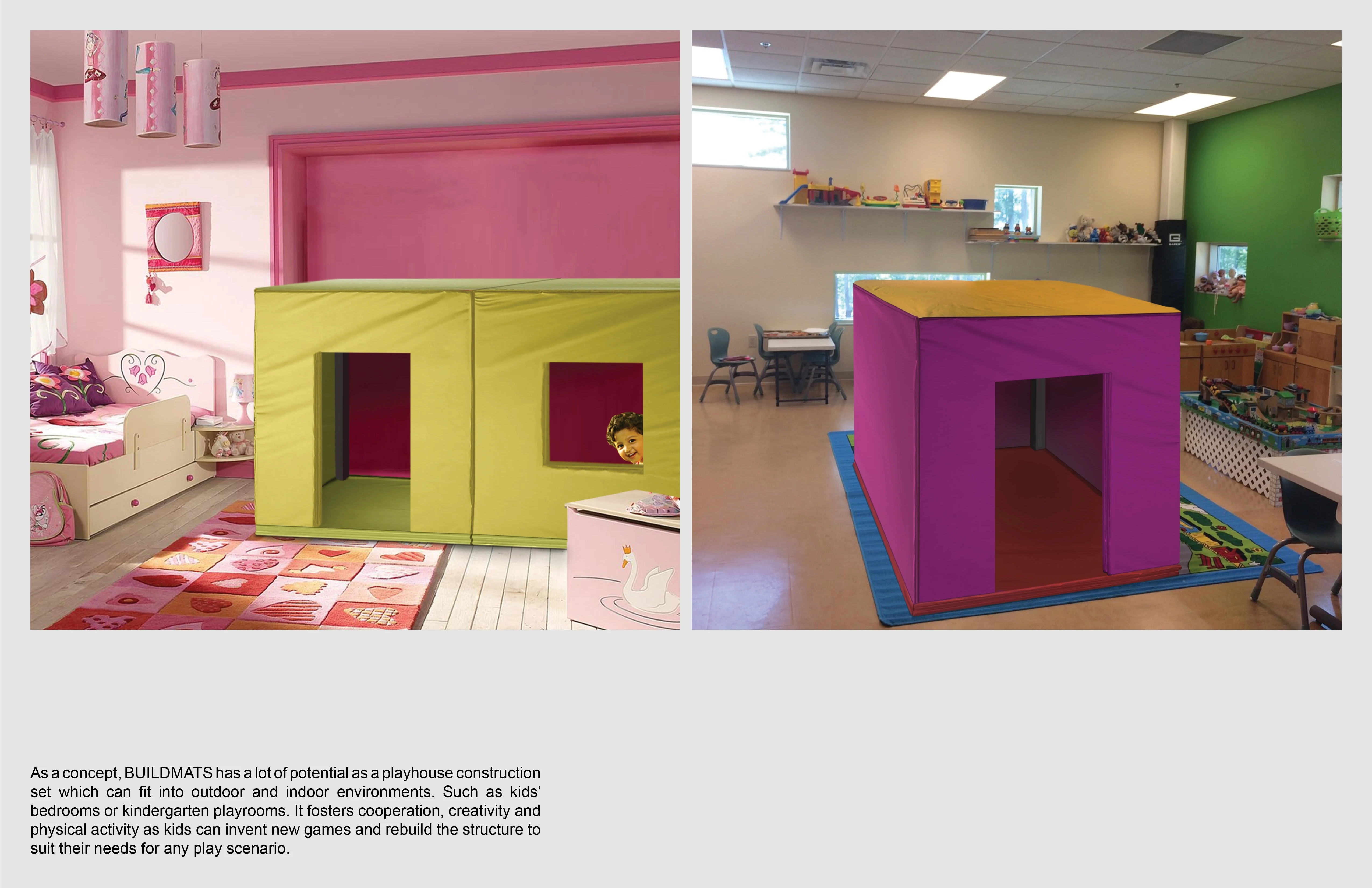 Images showcasing mat houses being used in child bedrooms and daycare.