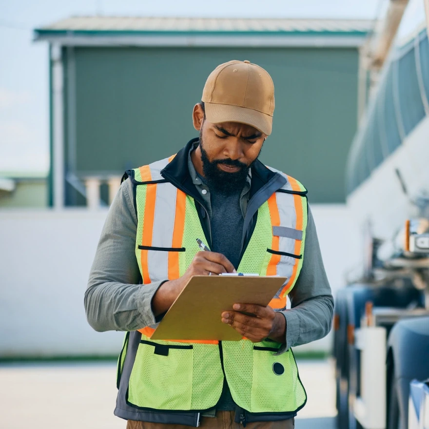 A trucker filling in the accident documentation.