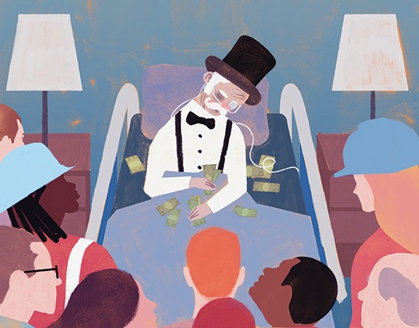 A magician in a tuxedo performs in front of an engaged audience, with colorful characters and two lamps in the background.